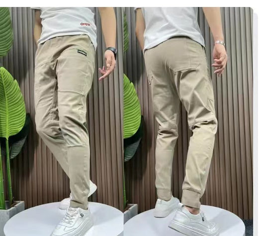 2023 Summer Ice Silk Spliced Six Pockets Embroidered High Elastic Men's Casual Pants Douyin Kuaishou Internet Celebrity Casual Pints